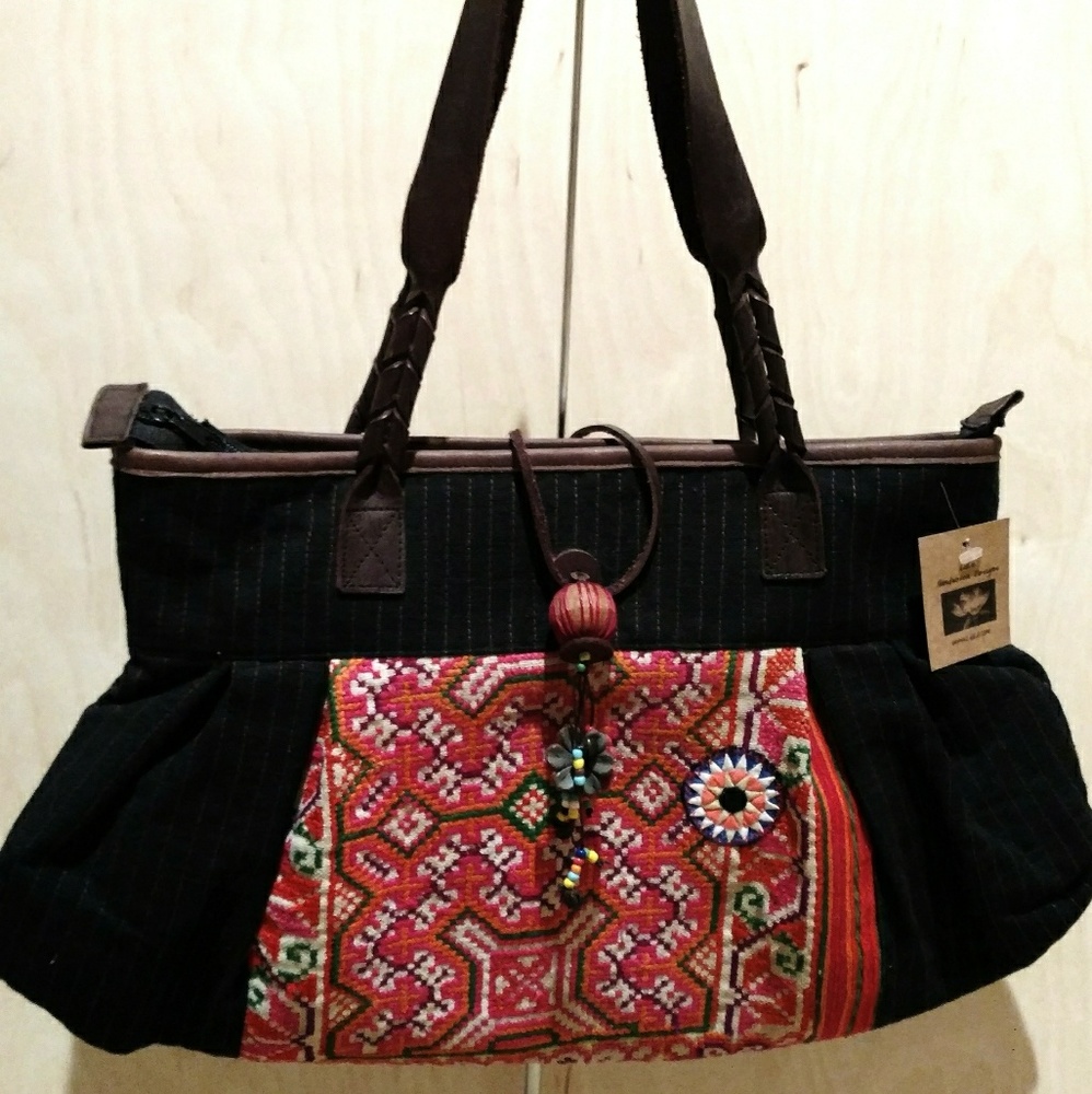 Boho bag festival leather trim shoulder bag
